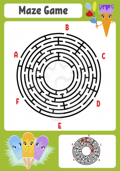 Abstract round maze. Kids worksheets. Game puzzle for children. Cute cartoon ice cream. One entrances, one exit. Labyrinth conundrum. Vector illustration. With answer.