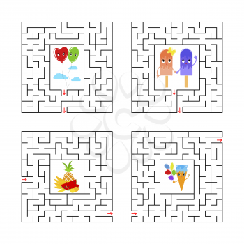 A set of square mazes. Game for kids. Puzzle for children. One entrances, one exit. Labyrinth conundrum. Flat vector illustration isolated on white background. With cartoon characters.