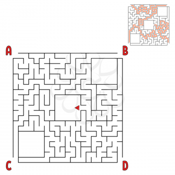 Abstract square maze. Game for kids. Puzzle for children. Four entrances, one exit. Labyrinth conundrum. Flat vector illustration isolated on white background. With answer. With place for your image