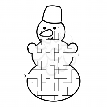 Labyrinth cute snowman. Game for kids. Puzzle for children. Cartoon style. Labyrinth conundrum. Black white vector illustration