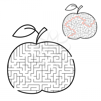 Maze apple. Game for kids. Puzzle for children. Cartoon style. Labyrinth conundrum. Black white vector illustration. With the answer