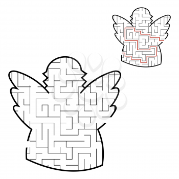 Labyrinth angel. Game for kids. Puzzle for children. Cartoon style. Maze conundrum. Black white vector illustration. With the answer