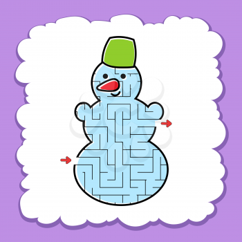 Maze cute snowman. Game for kids. Puzzle for children. Cartoon style. Labyrinth conundrum. Color vector illustration