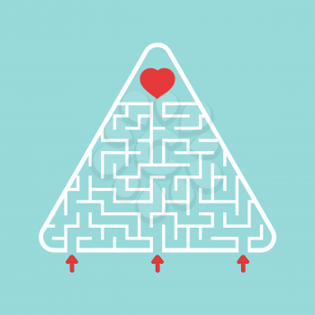 Abstract triangular labyrinth. Find the right path to the heart. Labyrinth conundrum. Search for love, relationships and happiness. Flat vector illustration isolated on turquoise background