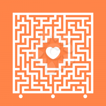 Abstract white square maze. Find the right path to the heart. Labyrinth conundrum. Love search concept. Flat vector illustration isolated on color background