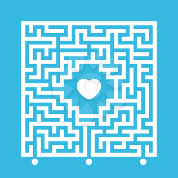Abstract white square maze. Find the right path to the heart. Labyrinth conundrum. Love search concept. Flat vector illustration isolated on color background