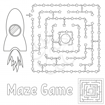 Simple maze. Help the rocket find its way to the earth. Game for kids. Puzzle for children. Labyrinth conundrum. Flat vector illustration isolated on white background. With the decision