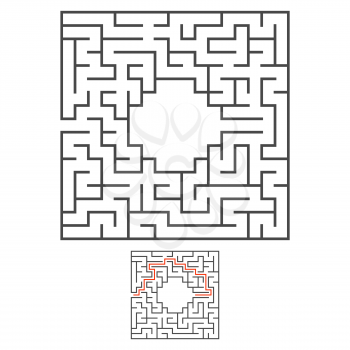 Abstract square maze. Game for kids. Puzzle for children. One entrance, one exit. Labyrinth conundrum. Flat vector illustration isolated on white background. With answer. With place for your image