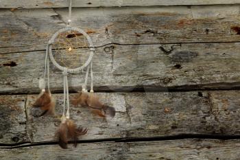 Beautiful dreamcatcher with leather and feather on a wooden wall