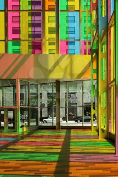 MONTREAL, CANADA - AUGUST 20 2014: Interior of congress center in Montreal downtown with multicolored glass panel created by Mario Saia in 2002