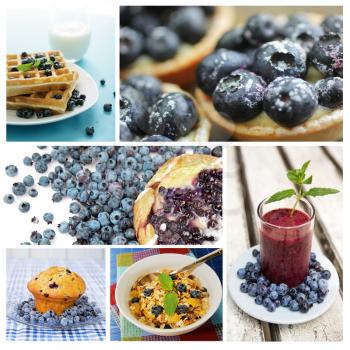 Collage of blueberry dessert, breakfast and smoothie