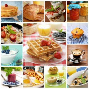 Collage showing delicious breakfast including pancakes, eggs, bagel and  waffles