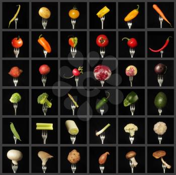 Colorful vegetable collage on black background
