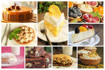 Collage showing different kind of dessert like lemon pie, cheesecake and donuts