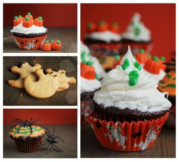 Collage showing halloween cupcakes with different theme like spiders, pumpkins and ghosts