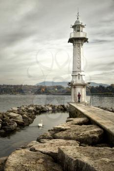 Les Paquis Lighthouse in Geneve, Switzerland during fall season