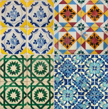 Collage of four different colors ceramic tiles from Portugal