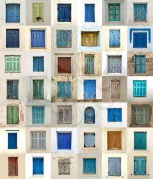 Collage of different colored windows in Greece