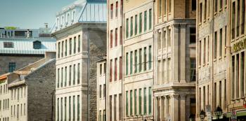 Close up of old buildings in old port of Montreal, Quebec