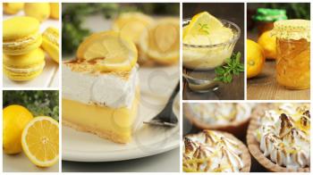 Collage of Lemon dessert and sweet like macaron, tart, pudding and marmelade