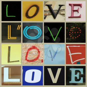 Four letters forming the word love in different colors and texture.
