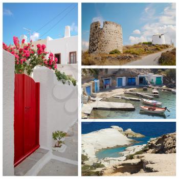 Collage showing different pictures of Milos island from Greece island