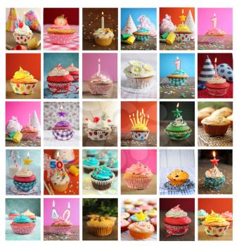 Collage showing delicious and tasty cupcakes with candles, blower and candies