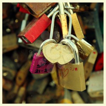 Love padlocks on a love padlocks on the pont des arts, bridge in Paris
