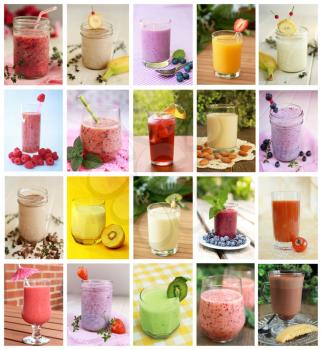 Collage showing differents drink like smoothies, milk and juices