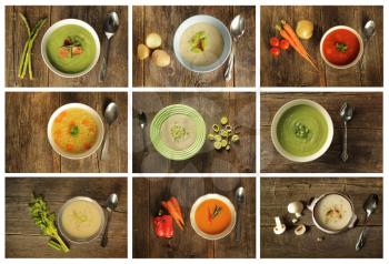 Different variety of soup on wooden background. Broccoli, celery, asparagus and leek, vegetable, mushroom etc.