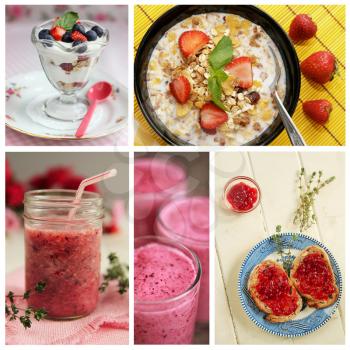 Collage showing strawberry smoothies, fruits, jam and juice