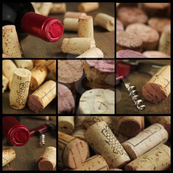 Collage showing bottle of wine, cork and opener