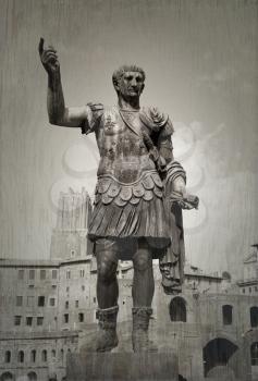 Monument of Julius Cesar.  Picture taken from the street in Rome, Italy.  Roman forum in backgroung.  Black and white picture with texture.