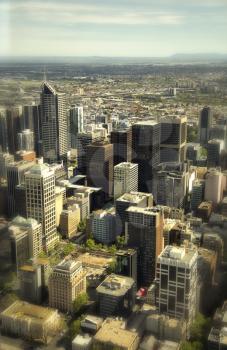 Aerial view of buildings in Downtown Melbourne with tilt shift effect 