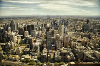 Aerial view of buildings  in Downtown Melbourne over the Yarra river in Australia 
