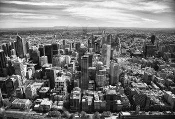 Aerial view of buildings of Downtown Melbourne, Victoria, in Australia.  Black and white