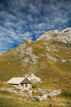View of a little house at la tournette in the French Alps 