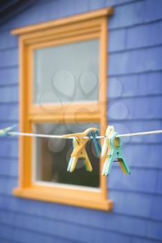Green and yellow clothespins on a line in front of a yellow window on a purple wall