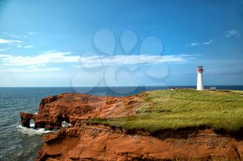 Cap aux meules Lighthouse also called Borgot lighthouse in Magdalen island in Quebec, Canada during summer season