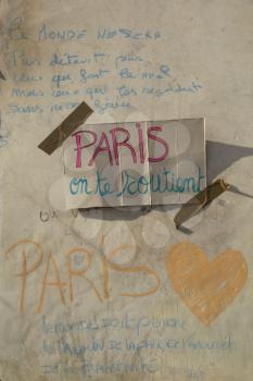 LYON-FRANCE NOVEMBER 15, 2015: Thoughts on a wall about the terrorist bombing happens in France on 13th november 2015.