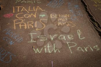 LYON-FRANCE NOVEMBER 15, 2015: Thoughts and support on the pavement about the terrorist bombing happens in France on 13th november 2015.