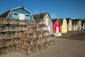 Lobster cages in front of oysters barns in New London, Prince Edward island also called PEI