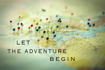 Inspirational quote Let the adventure begin on a map full of pines on different country and city