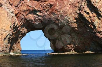 Close up of the hole in the rock of The Rocher Perce in Perce city, gaspesie in Quebec province. 