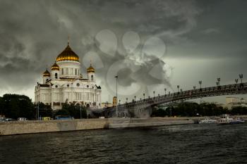 Dramatic sky over The Cathedral of Christ the Savior in Moscow, Russia