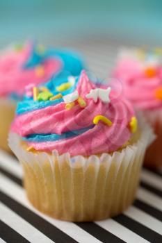 Cupcakes with blue and pink icing on a black and white lined background