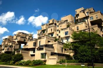 MONTREAL, CANADA - JULY 15, 2017:  Habitat 67 is a housing complex in Montreal of 354 identical, prefabricated concrete forms arranged in various combinations, reaching up to 12 stories in height