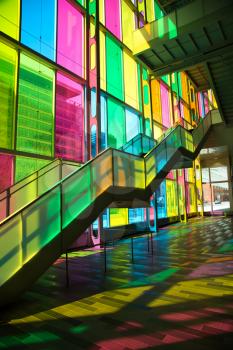 MONTREAL, CANADA - September 14, 2017: Colourful glass panels and stairs in Palais des congres de Montreal (Montreal Convention and Conference Centre)  Montreal, Canada