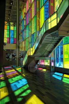 MONTREAL, CANADA - April 23, 2017: Colourful glass panels and stairs in Palais des congres de Montreal (Montreal Convention and Conference Centre)  Montreal, Canada