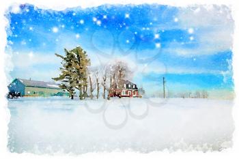 Digital watercolour of a house and barn in a winter day